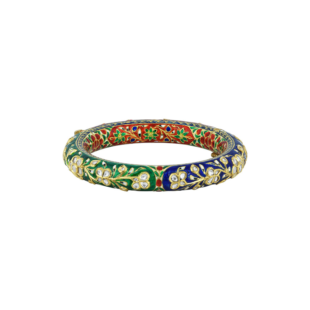 Multicolour Enamel Bangle with Polki and Floral Motifs